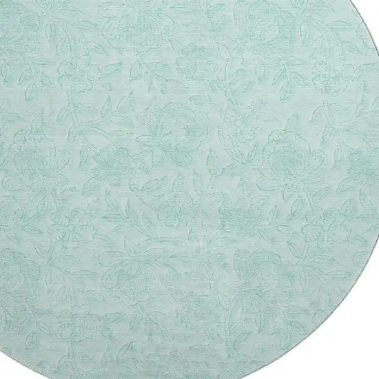 8' Teal And Ivory Floral Washable Round Rug With UV Protection Photo 3