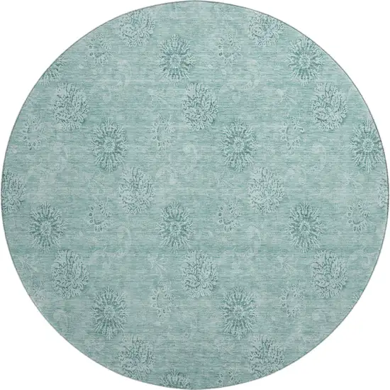 8' Teal And Ivory Floral Washable Round Rug With UV Protection Photo 1