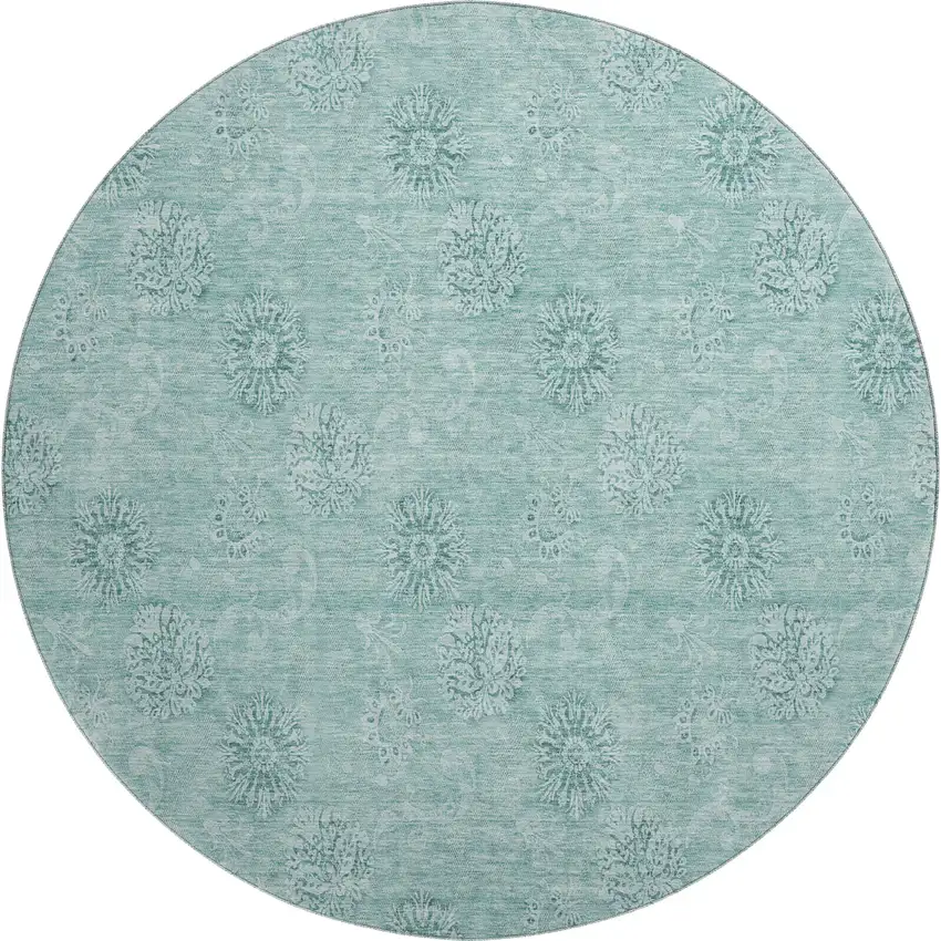 8' Teal And Ivory Floral Washable Round Rug With UV Protection Photo 1