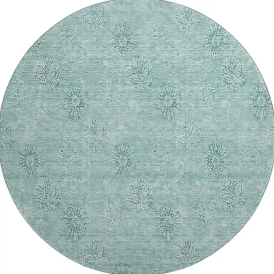 8' Teal And Ivory Floral Washable Round Rug With UV Protection Photo 4