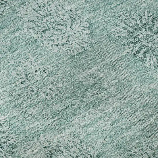8' Teal And Ivory Floral Washable Round Rug With UV Protection Photo 9