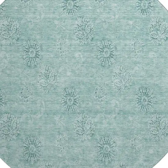 8' Teal And Ivory Floral Washable Round Rug With UV Protection Photo 3