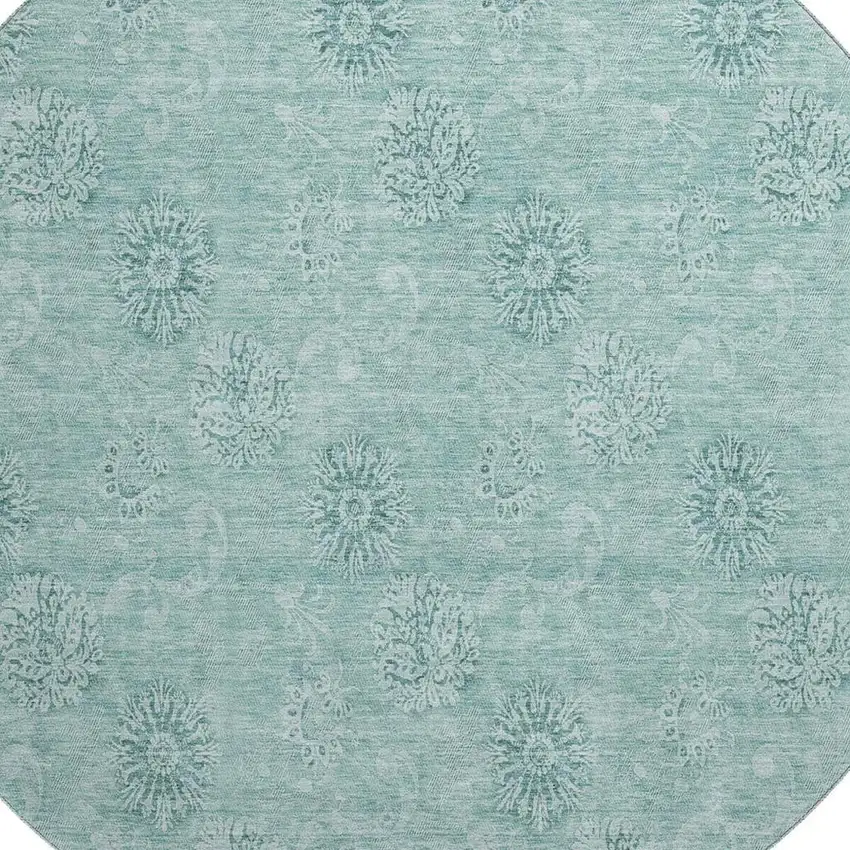 8' Teal And Ivory Floral Washable Round Rug With UV Protection Photo 3