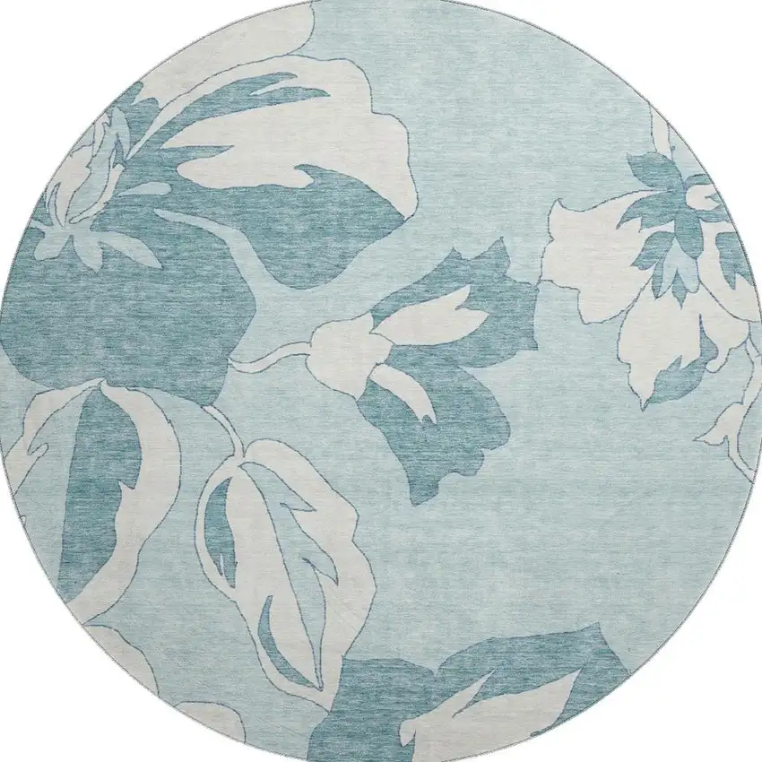 8' Teal And Ivory Floral Washable Round Rug With UV Protection Photo 3