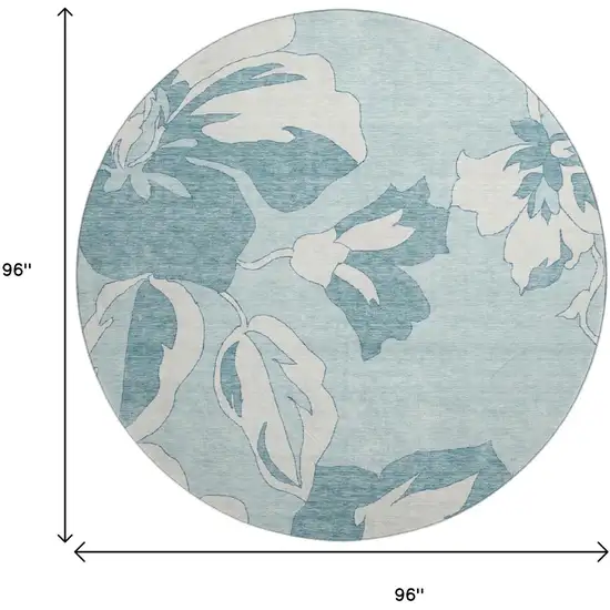 8' Teal And Ivory Floral Washable Round Rug With UV Protection Photo 8
