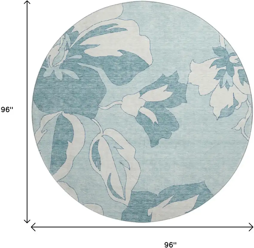 8' Teal And Ivory Floral Washable Round Rug With UV Protection Photo 8