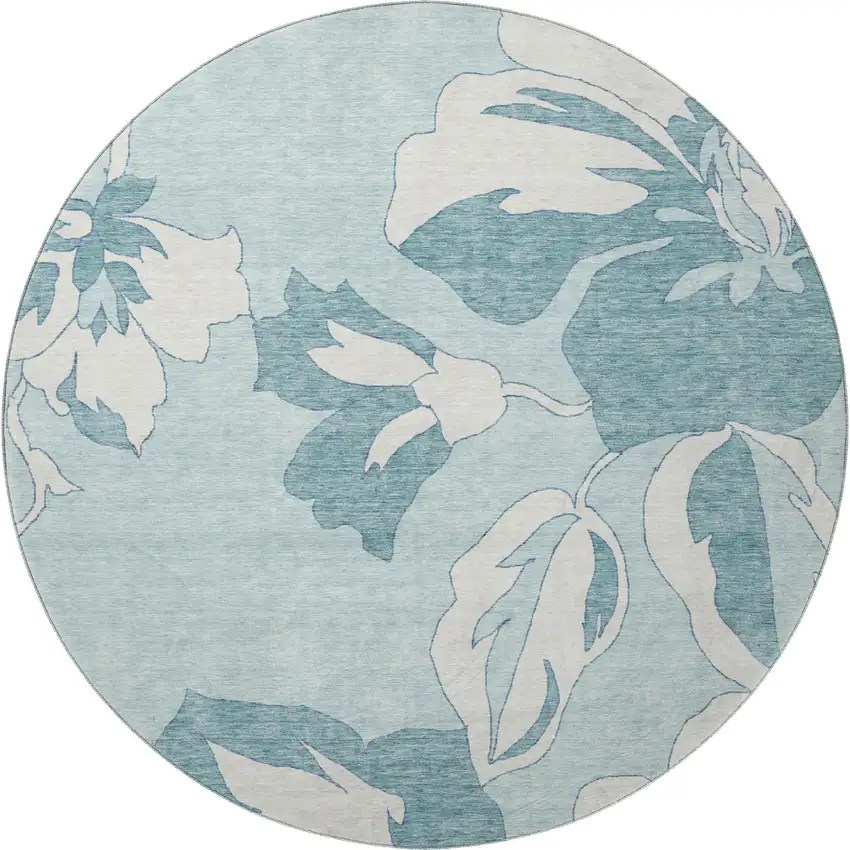 8' Teal And Ivory Floral Washable Round Rug With UV Protection Photo 4