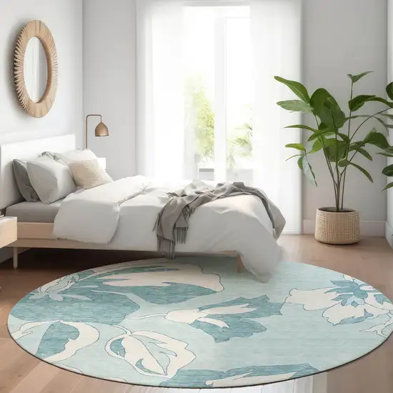 8' Teal And Ivory Floral Washable Round Rug With UV Protection Photo 5