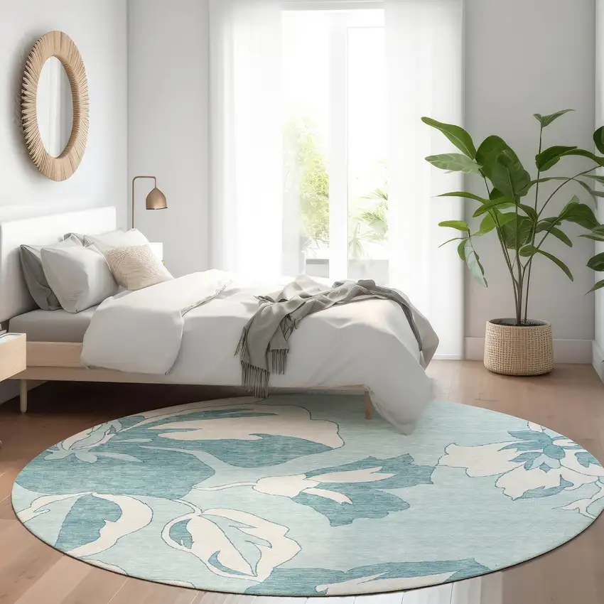 8' Teal And Ivory Floral Washable Round Rug With UV Protection Photo 5