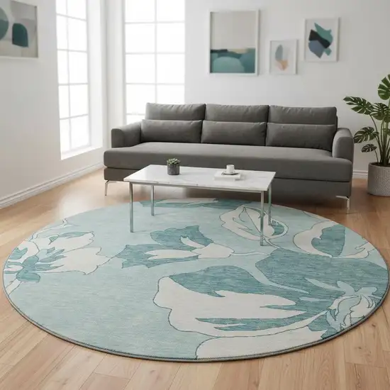 8' Teal And Ivory Floral Washable Round Rug With UV Protection Photo 2
