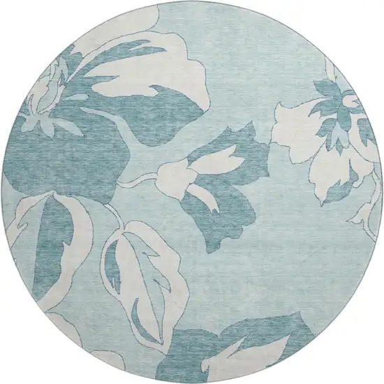 8' Teal And Ivory Floral Washable Round Rug With UV Protection Photo 1