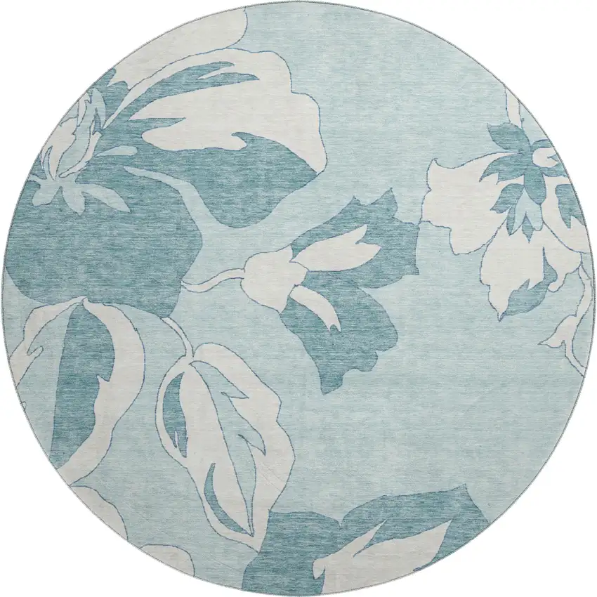 8' Teal And Ivory Floral Washable Round Rug With UV Protection Photo 1