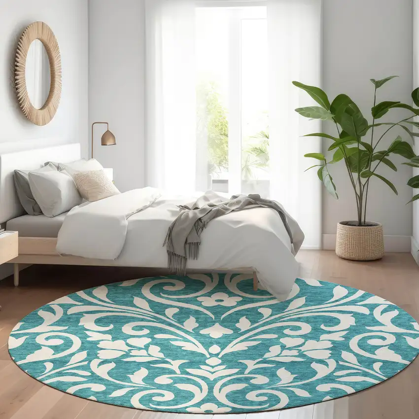 8' Teal And Ivory Floral Washable Round Rug With UV Protection Photo 5