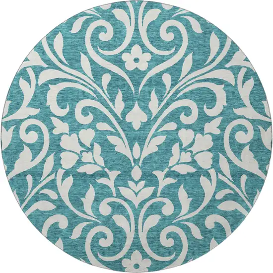 8' Teal And Ivory Floral Washable Round Rug With UV Protection Photo 4