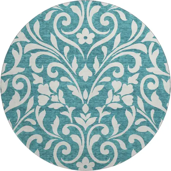 8' Teal And Ivory Floral Washable Round Rug With UV Protection Photo 1