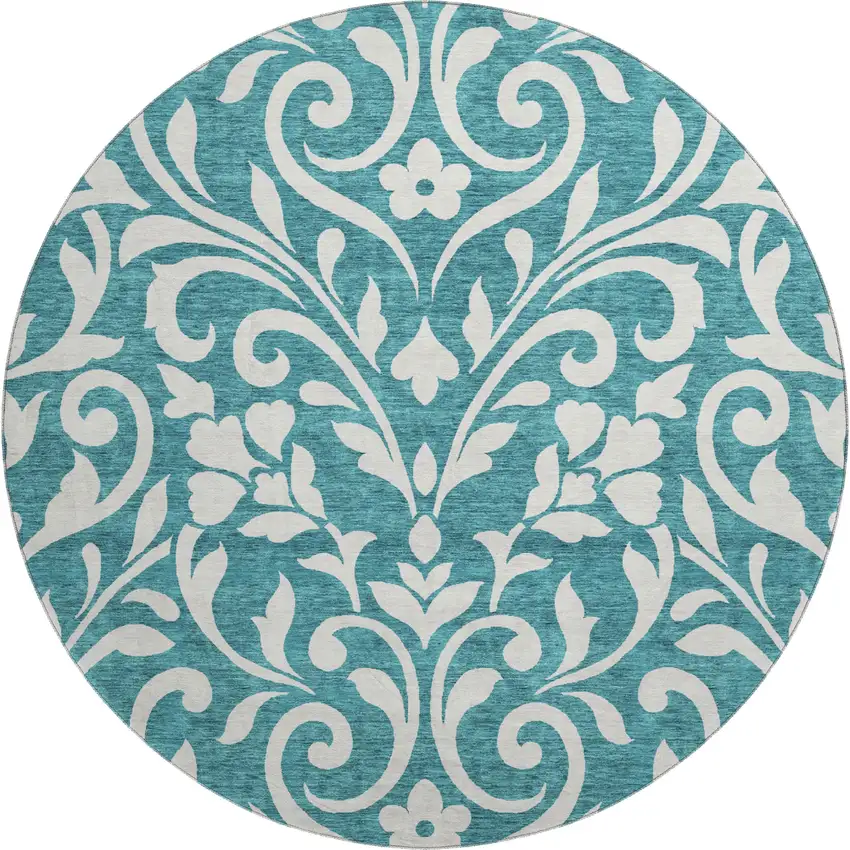 8' Teal And Ivory Floral Washable Round Rug With UV Protection Photo 1