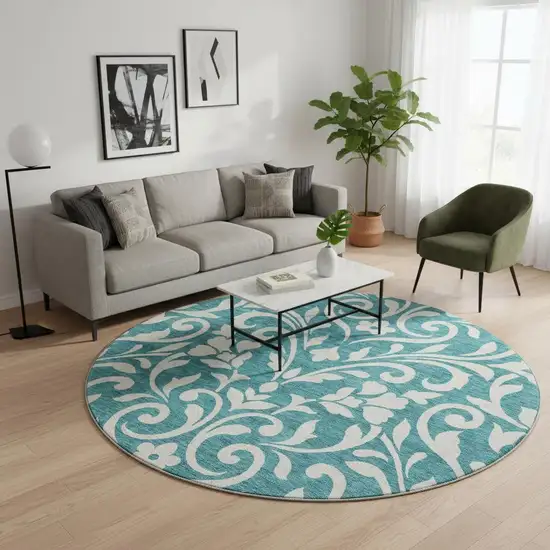 8' Teal And Ivory Floral Washable Round Rug With UV Protection Photo 2