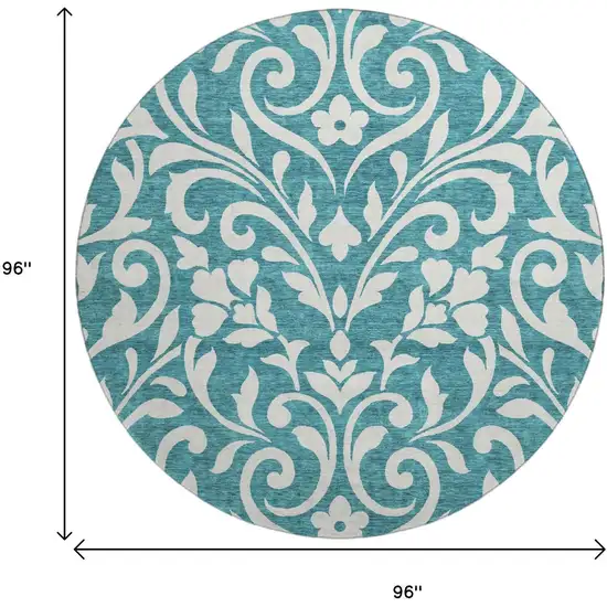 8' Teal And Ivory Floral Washable Round Rug With UV Protection Photo 8