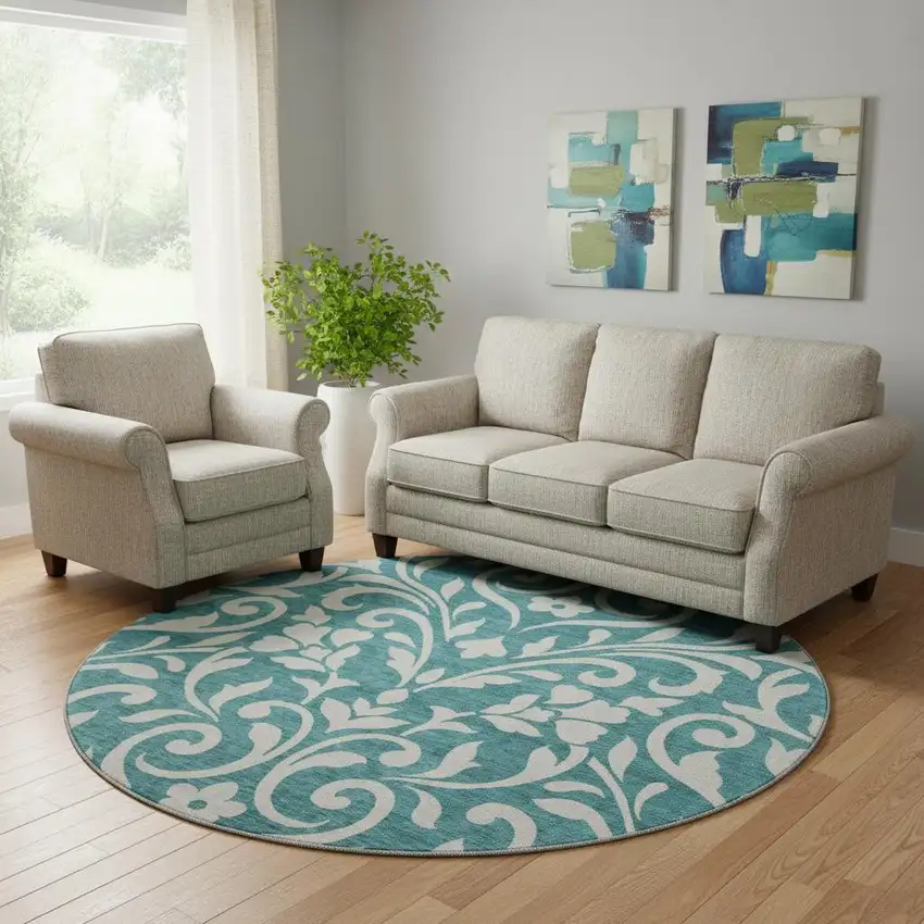 8' Teal And Ivory Floral Washable Round Rug With UV Protection Photo 1