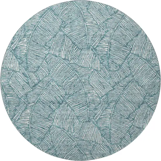 8' Teal And Ivory Floral Washable Round Rug With UV Protection Photo 3