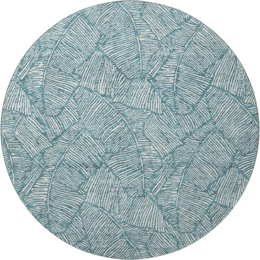 8' Teal And Ivory Floral Washable Round Rug With UV Protection Photo 3