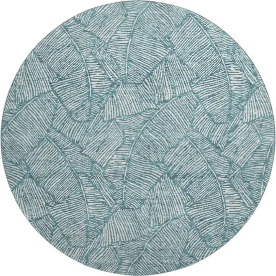 8' Teal And Ivory Floral Washable Round Rug With UV Protection Photo 1