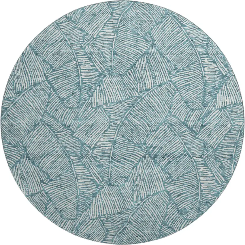 8' Teal And Ivory Floral Washable Round Rug With UV Protection Photo 1