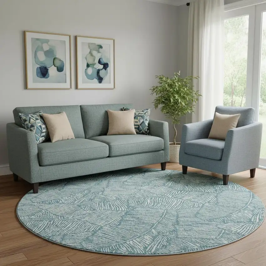 8' Teal And Ivory Floral Washable Round Rug With UV Protection Photo 1