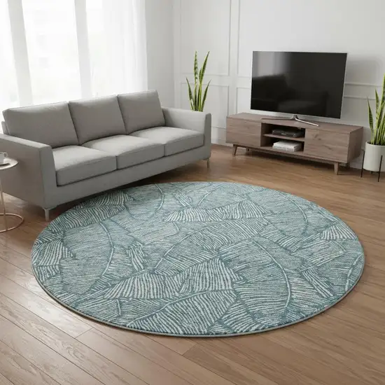 8' Teal And Ivory Floral Washable Round Rug With UV Protection Photo 2
