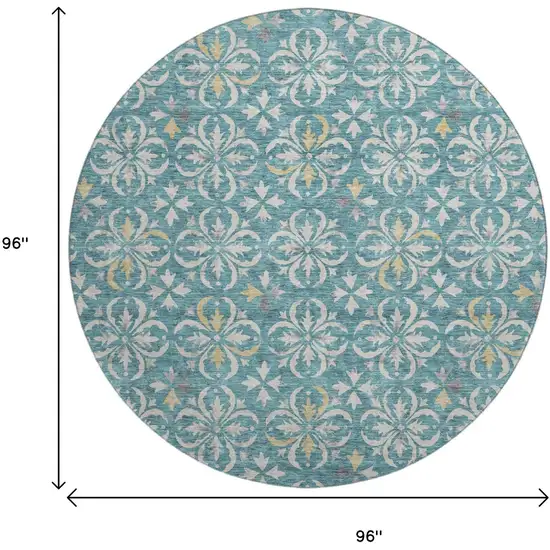 8' Teal And Ivory Floral Washable Round Rug With UV Protection Photo 9