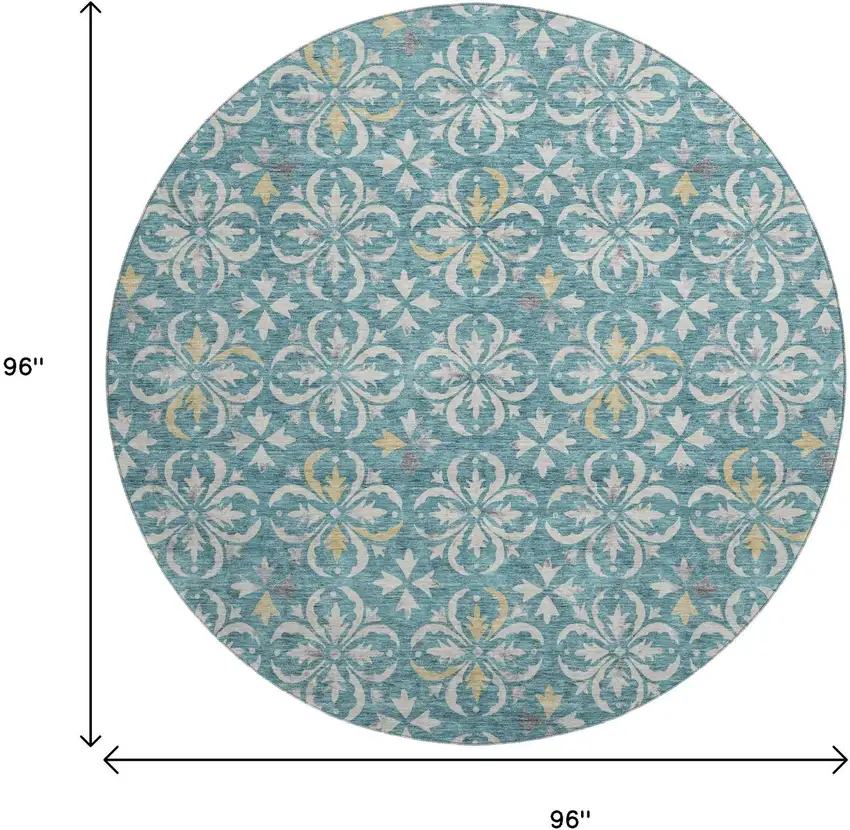 8' Teal And Ivory Floral Washable Round Rug With UV Protection Photo 9
