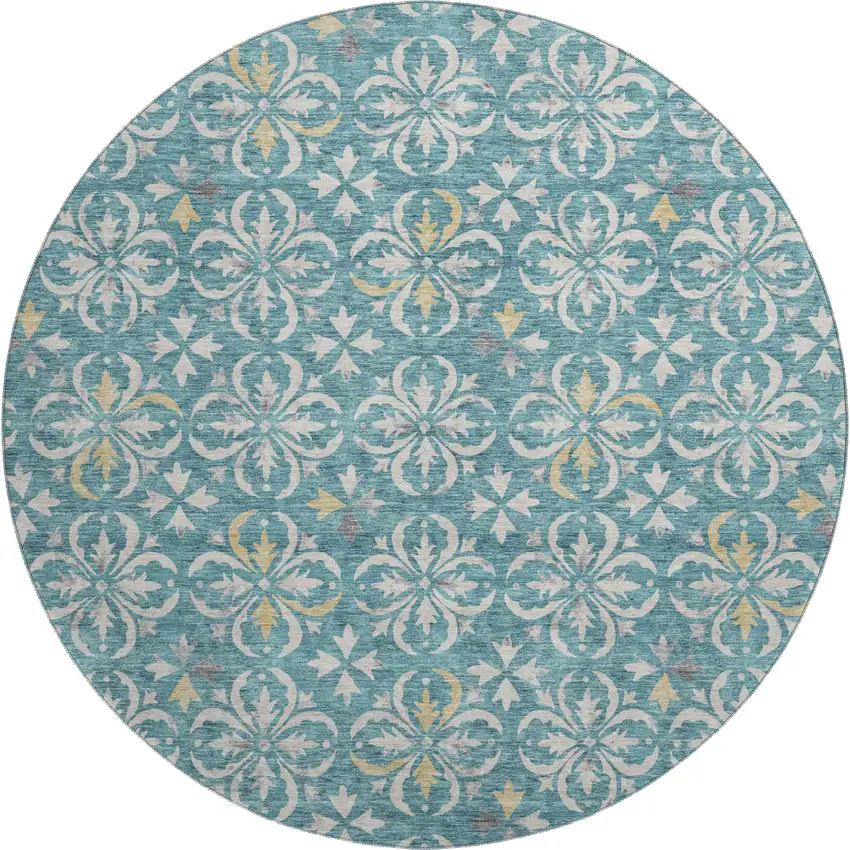 8' Teal And Ivory Floral Washable Round Rug With UV Protection Photo 1
