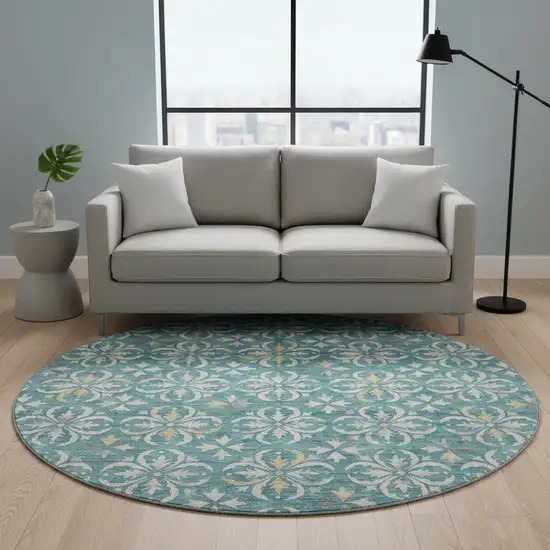 8' Teal And Ivory Floral Washable Round Rug With UV Protection Photo 2