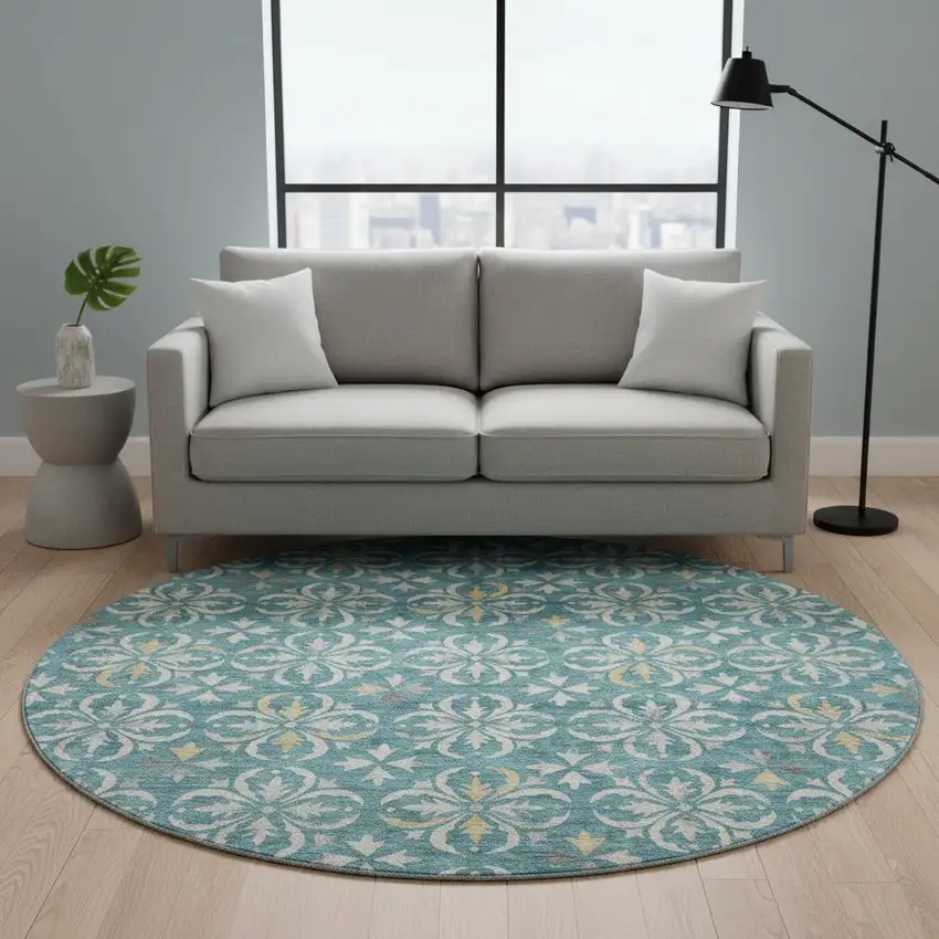 8' Teal And Ivory Floral Washable Round Rug With UV Protection Photo 2