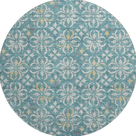 8' Teal And Ivory Floral Washable Round Rug With UV Protection Photo 3