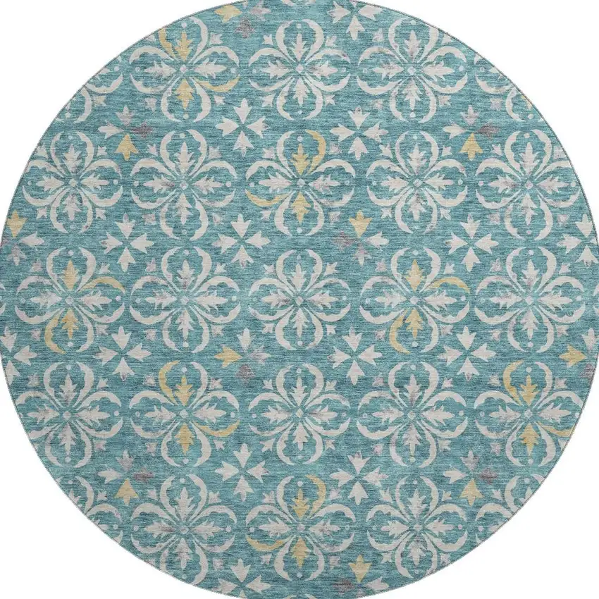 8' Teal And Ivory Floral Washable Round Rug With UV Protection Photo 3