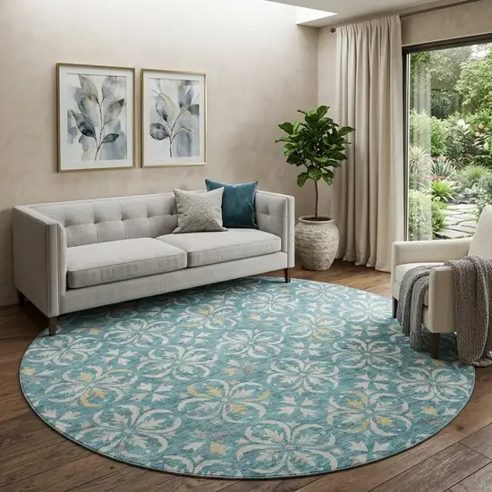 8' Teal And Ivory Floral Washable Round Rug With UV Protection Photo 1