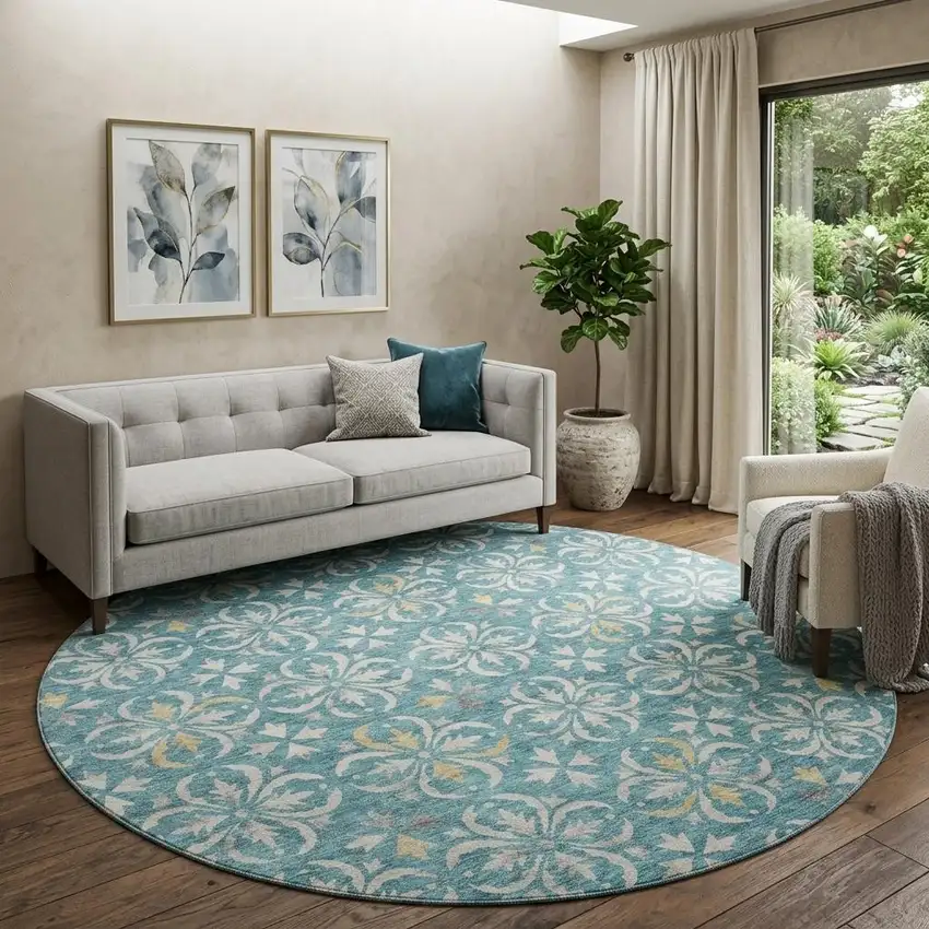 8' Teal And Ivory Floral Washable Round Rug With UV Protection Photo 1