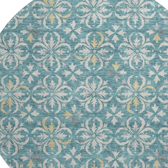 8' Teal And Ivory Floral Washable Round Rug With UV Protection Photo 2