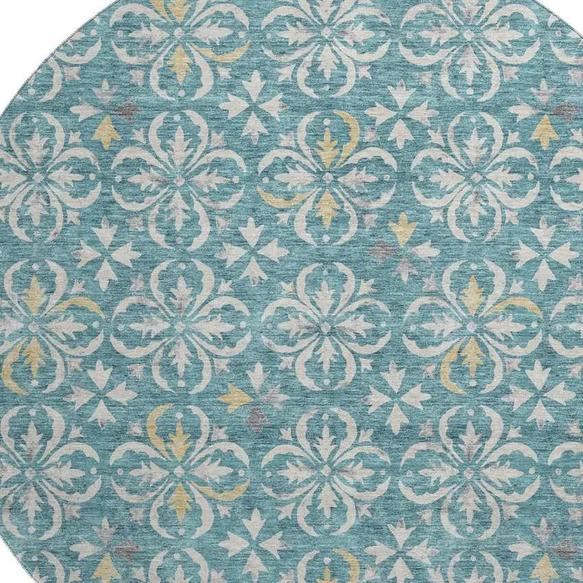 8' Teal And Ivory Floral Washable Round Rug With UV Protection Photo 2