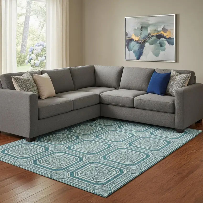 8' Teal And Ivory Geometric Washable Area Rug With UV Protection Photo 2