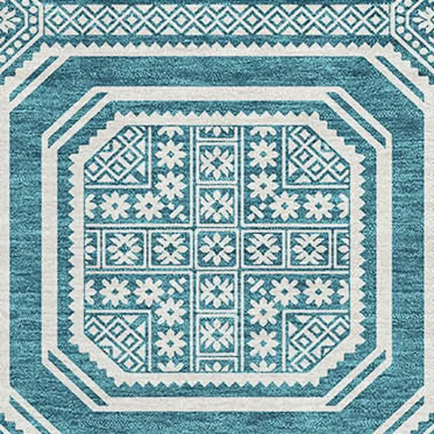 8' Teal And Ivory Geometric Washable Area Rug With UV Protection Photo 3