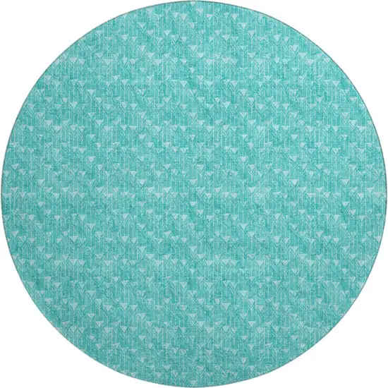 8' Teal And Ivory Geometric Washable Round Rug With UV Protection Photo 1