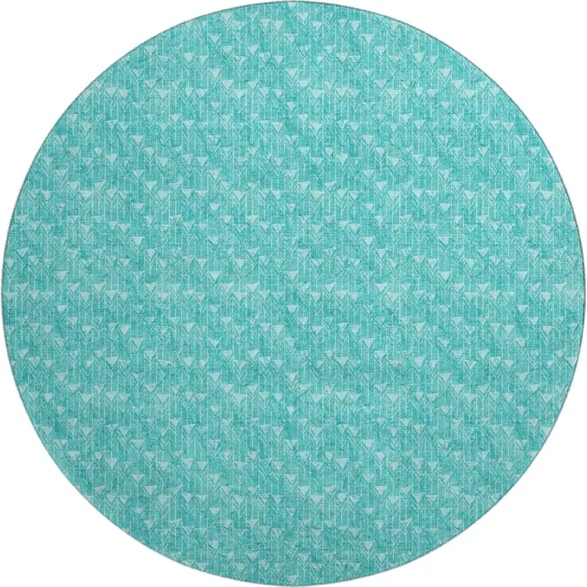 8' Teal And Ivory Geometric Washable Round Rug With UV Protection Photo 1