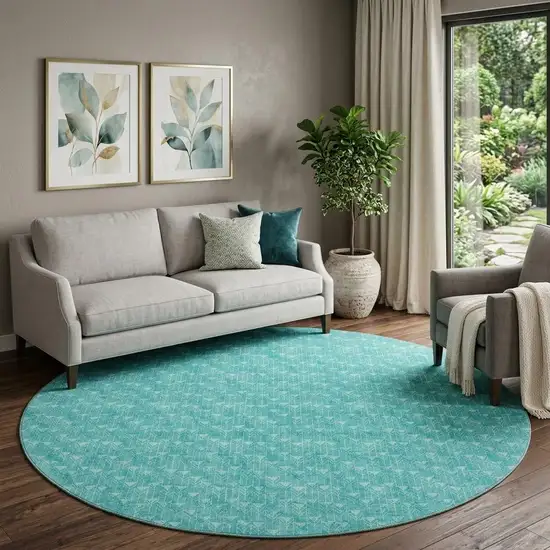 8' Teal And Ivory Geometric Washable Round Rug With UV Protection Photo 1