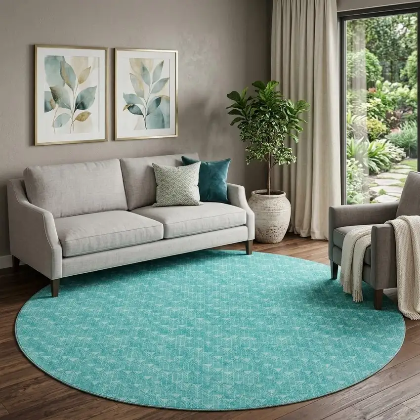 8' Teal And Ivory Geometric Washable Round Rug With UV Protection Photo 1