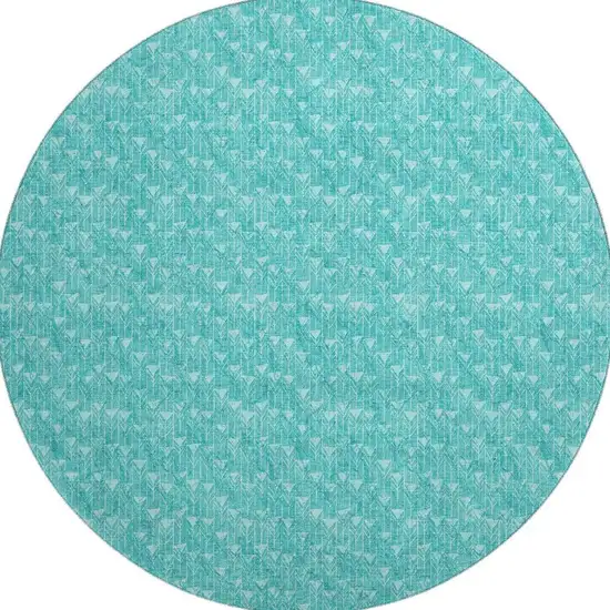 8' Teal And Ivory Geometric Washable Round Rug With UV Protection Photo 4