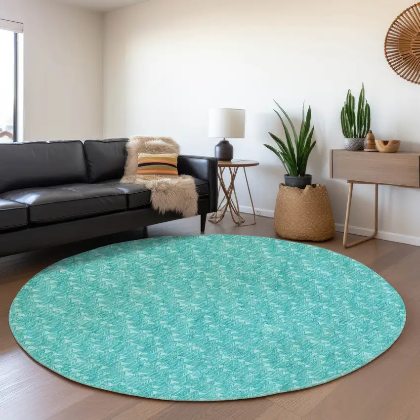 8' Teal And Ivory Geometric Washable Round Rug With UV Protection Photo 6
