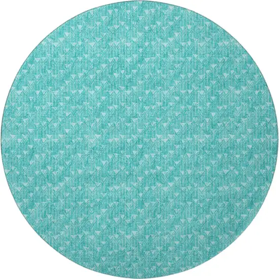 8' Teal And Ivory Geometric Washable Round Rug With UV Protection Photo 5