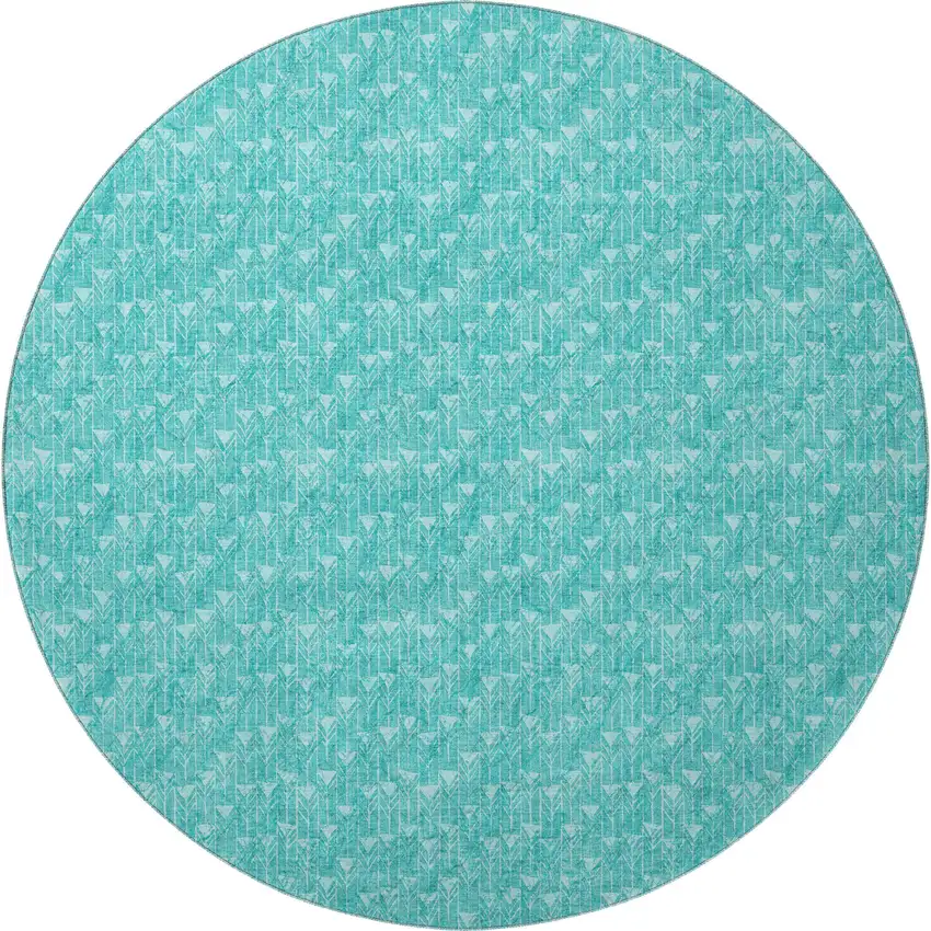 8' Teal And Ivory Geometric Washable Round Rug With UV Protection Photo 5
